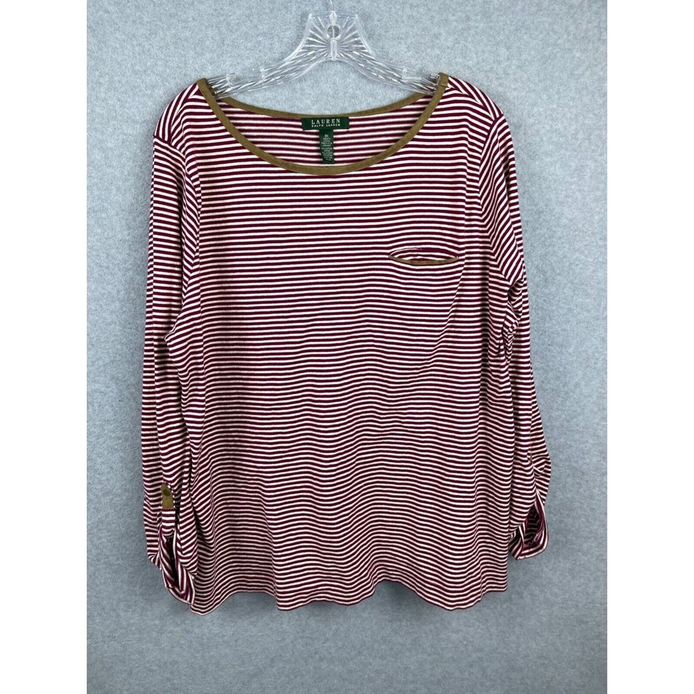Lauren Ralph Lauren Shirt Women's‎ 3XL Red Striped 3/4 Sleeve Leather Trim Scoop